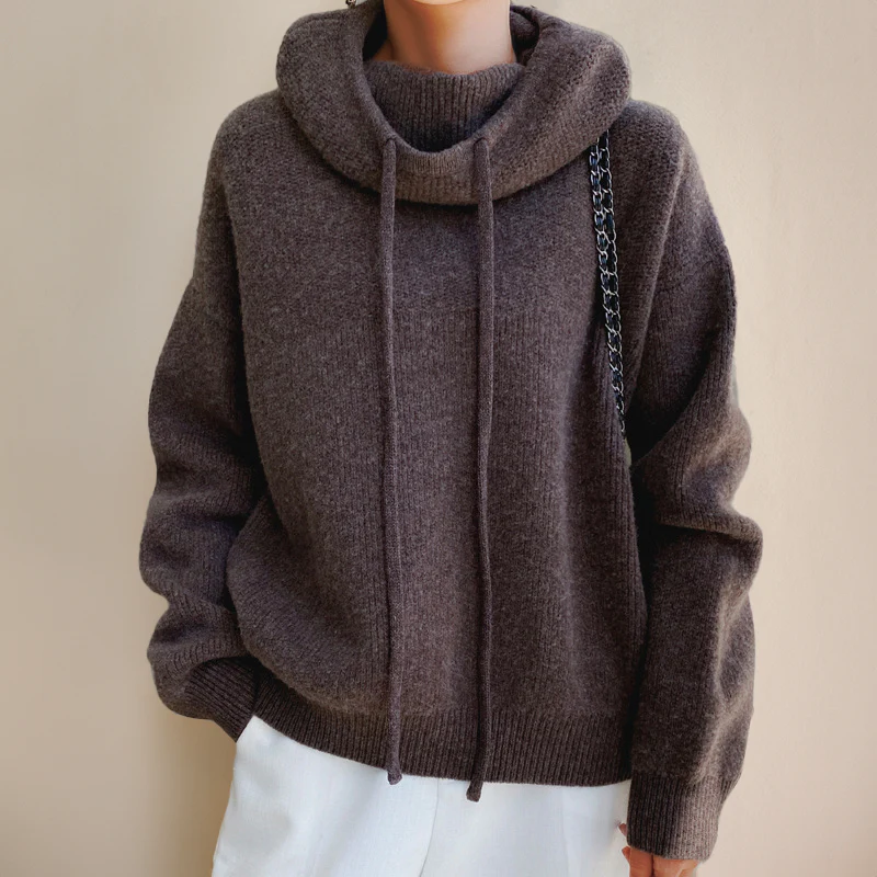 Oversized Knitted Hoodie with Drawstrings - Brown