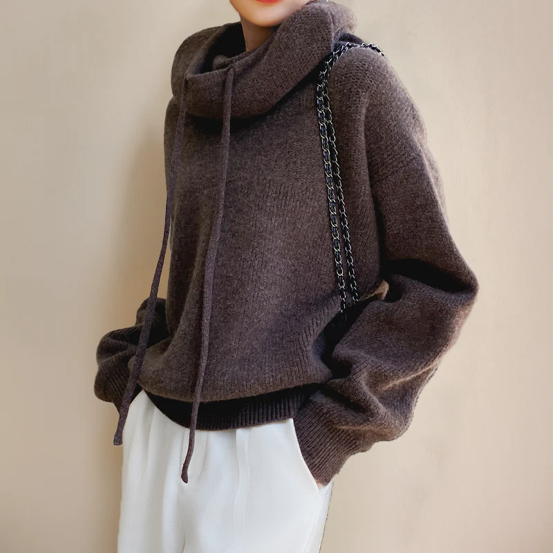Oversized Knitted Hoodie with Drawstrings - Brown