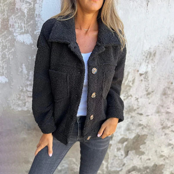 Teddyjacke mit Brusttaschen und Knopfleiste für Damen - Schwarz