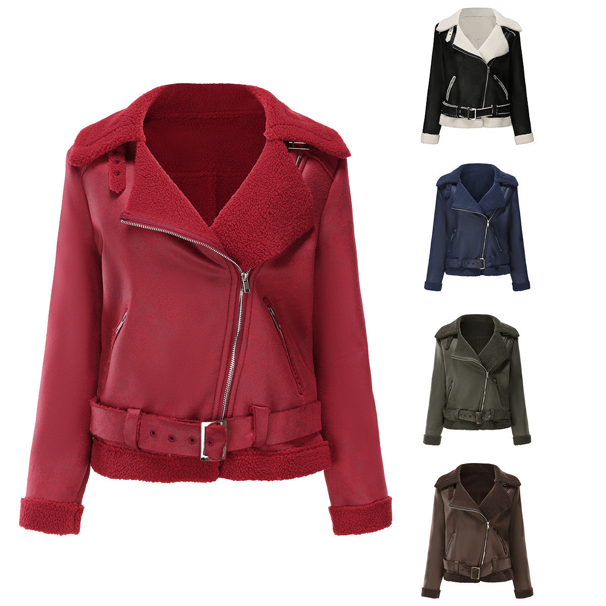 Lammfelljacke aus Imitat mit Gürtel und Teddyfutter für Damen