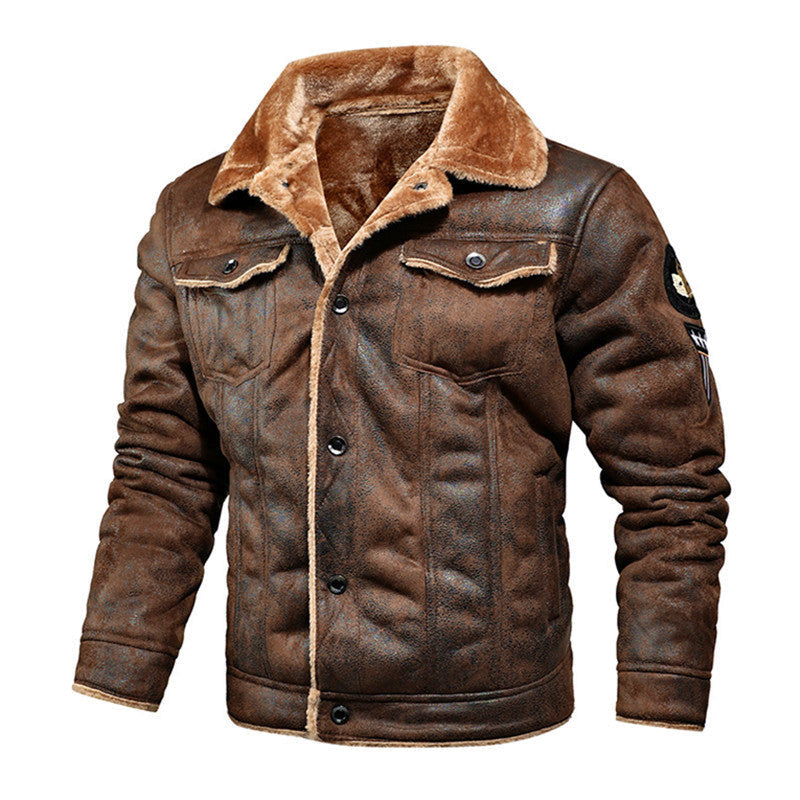 Kunstlederjacke im Fliegerstil mit Teddykragen für Herren - Kaffeebraun