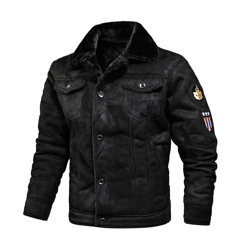 Kunstlederjacke im Fliegerstil mit Teddykragen für Herren - Schwarz