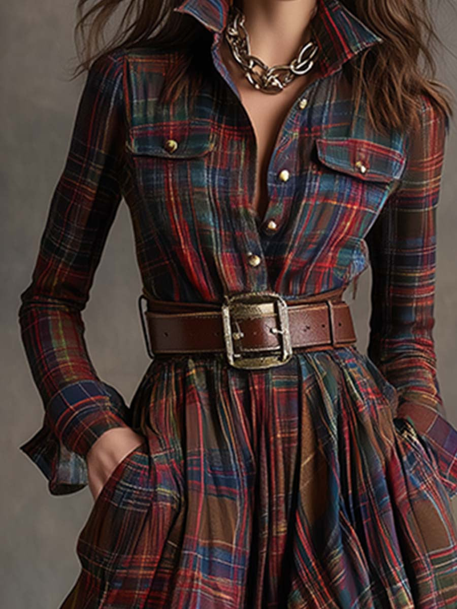Langarm Kleid mit Karomuster und Hemdkragen für Damen