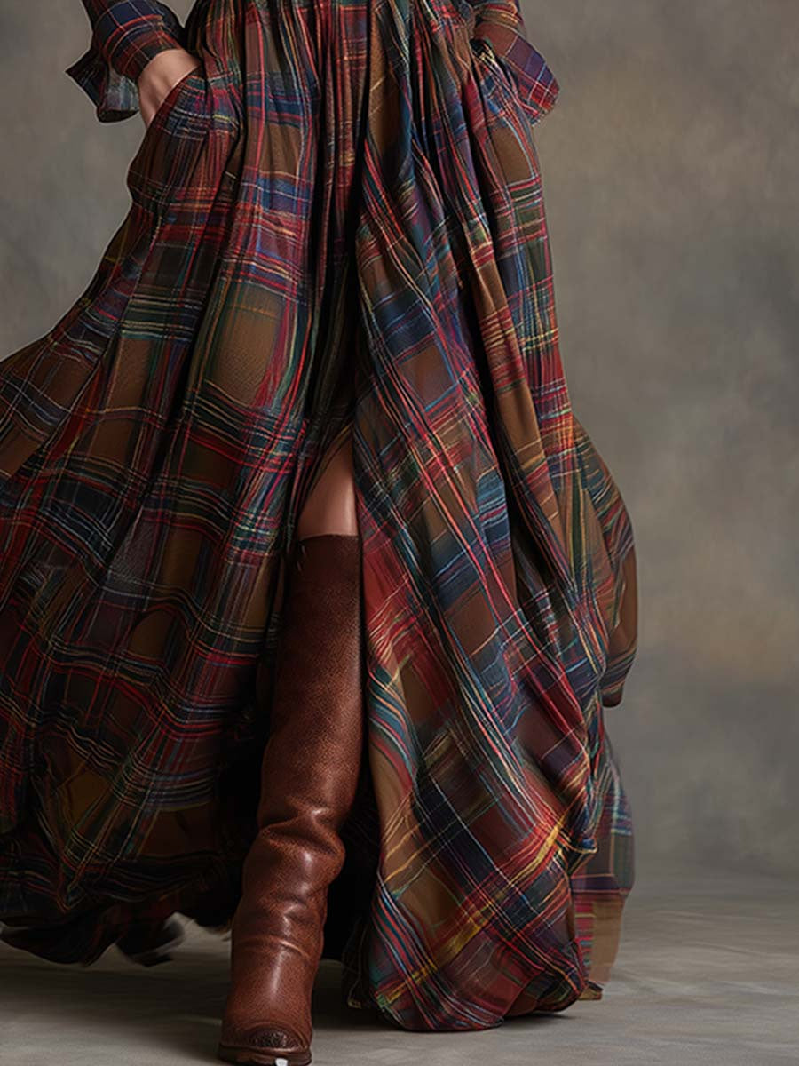 Langarm Kleid mit Karomuster und Hemdkragen für Damen