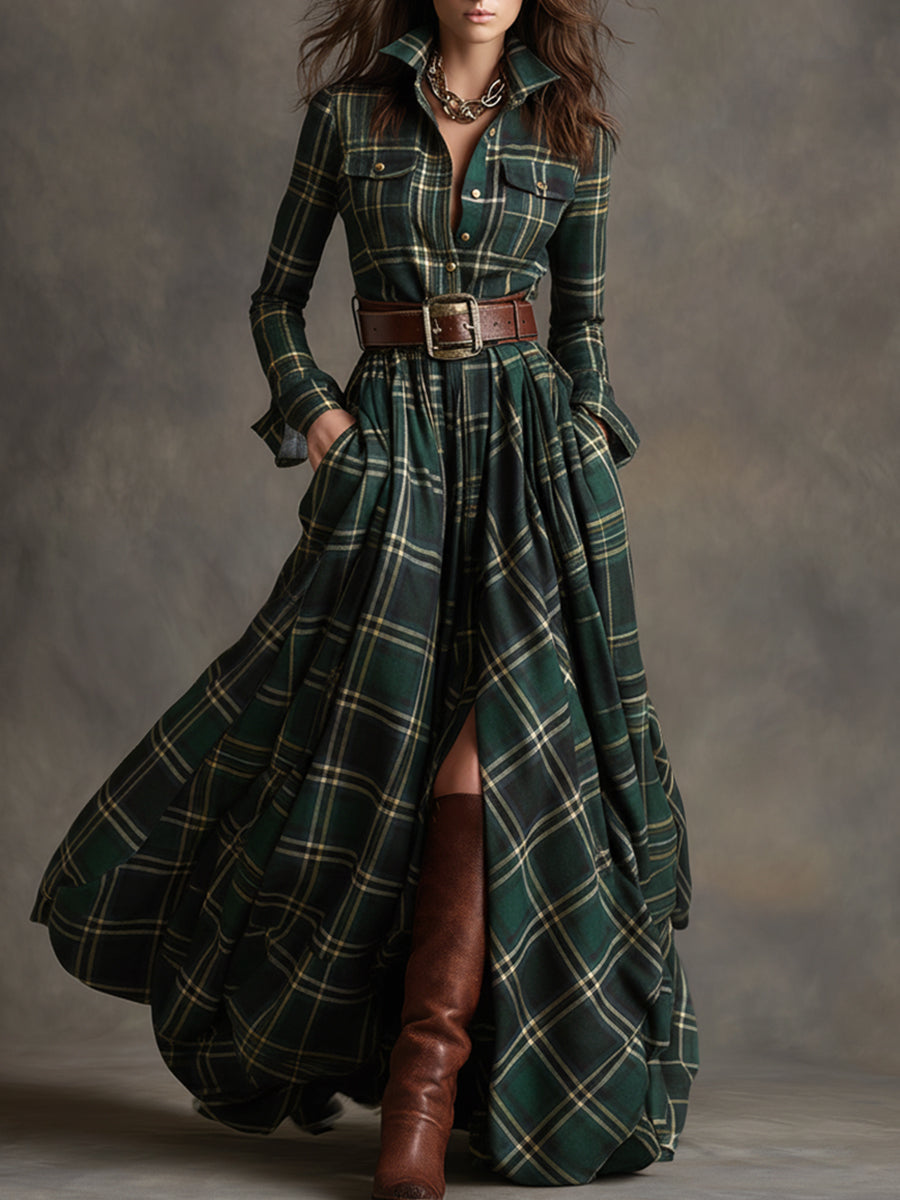 Langarm Kleid mit Karomuster und Hemdkragen für Damen