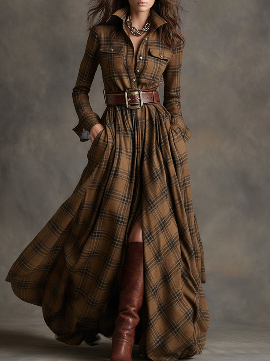 Langarm Kleid mit Karomuster und Hemdkragen für Damen