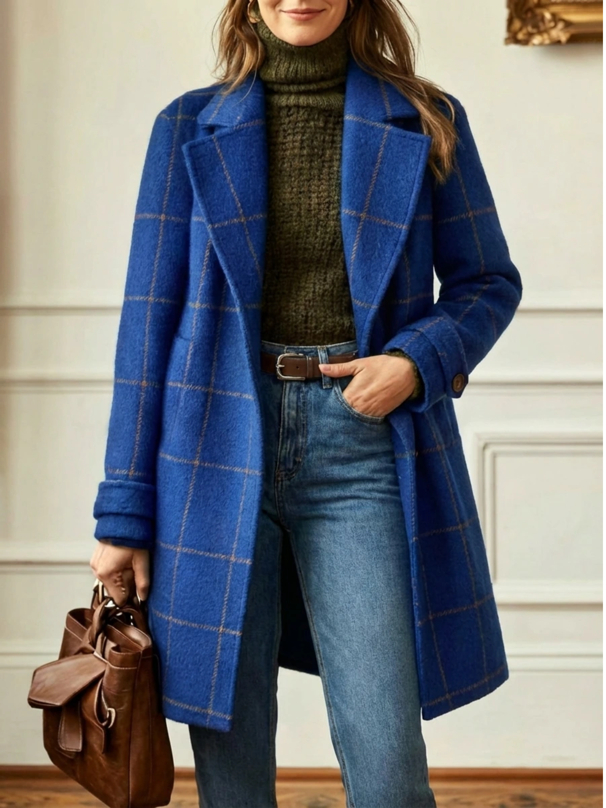 Langer Wollmantel mit Karo und Revers für Damen