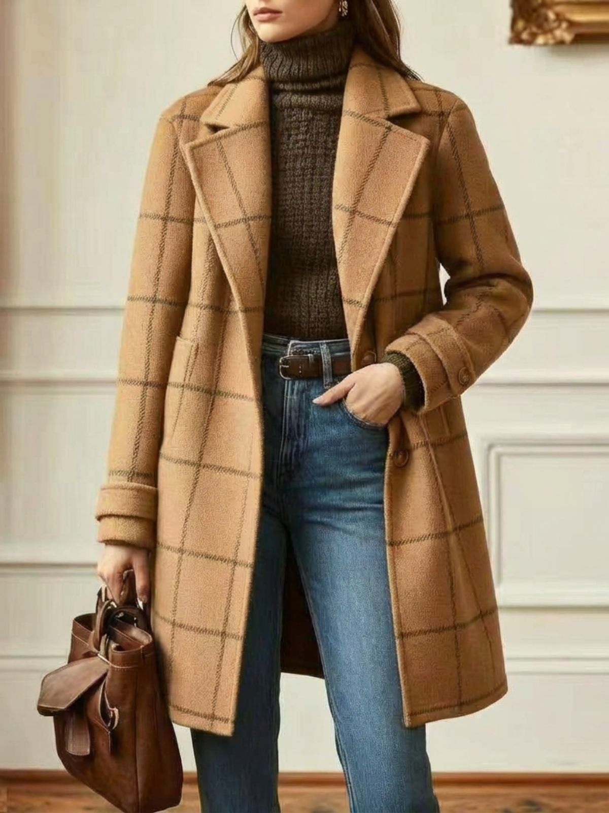 Langer Wollmantel mit Karo und Revers für Damen