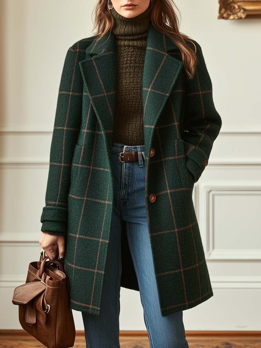 Langer Wollmantel mit Karo und Revers für Damen