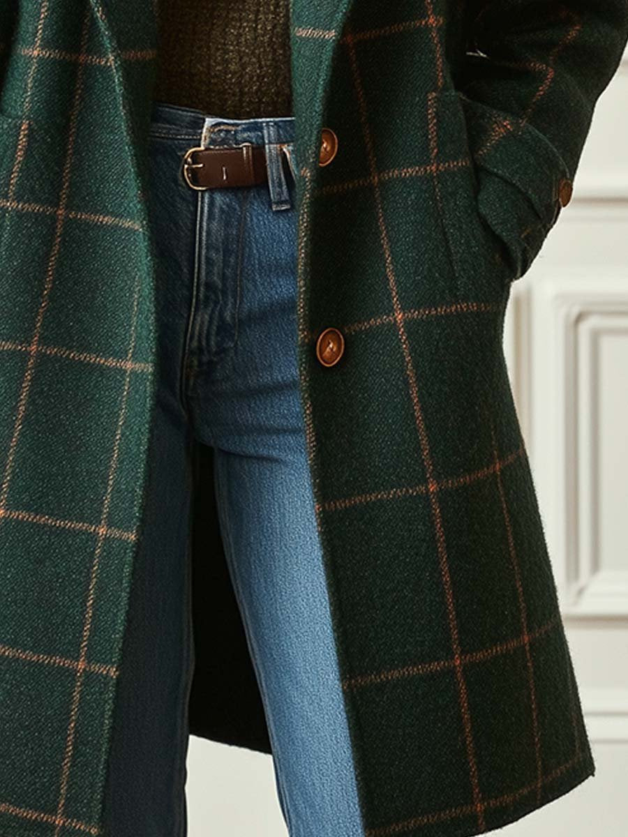 Langer Wollmantel mit Karo und Revers für Damen