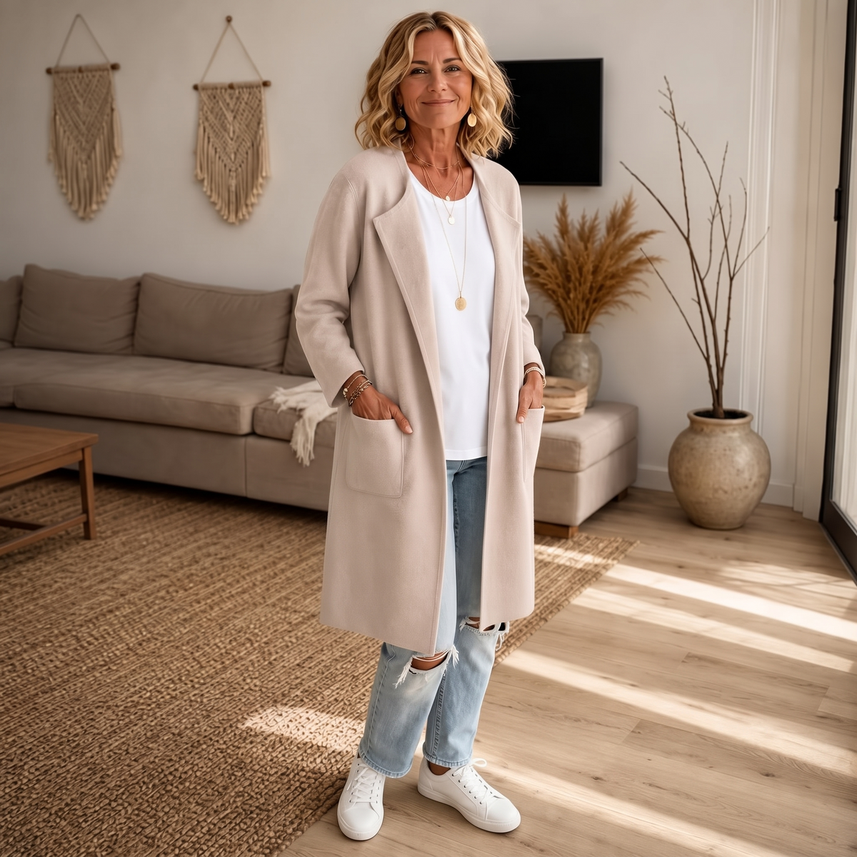 Langer Wollmantel in Wolloptik, offen und gerade für Damen