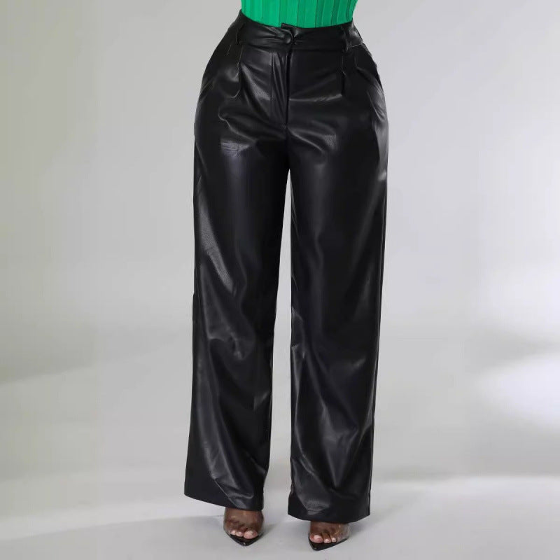 Lederhose aus Kunstleder mit Falten und Taschen für Damen