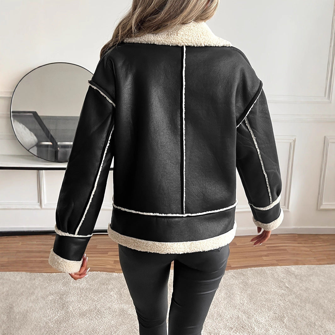 Lederjacke aus Kunstleder mit Teddyfutter und Stehkragen für Damen