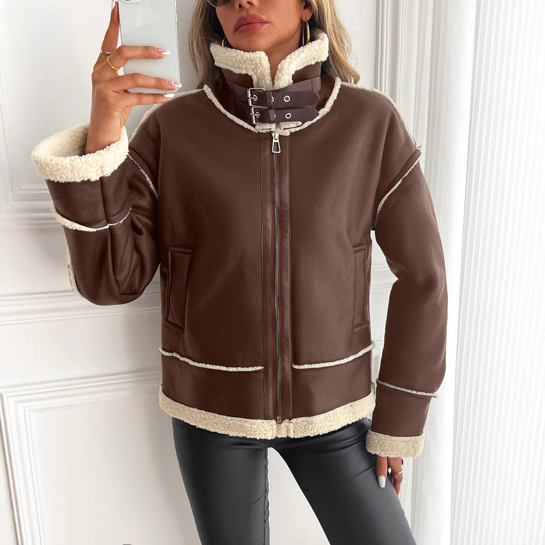Lederjacke aus Kunstleder mit Teddyfutter und Stehkragen für Damen