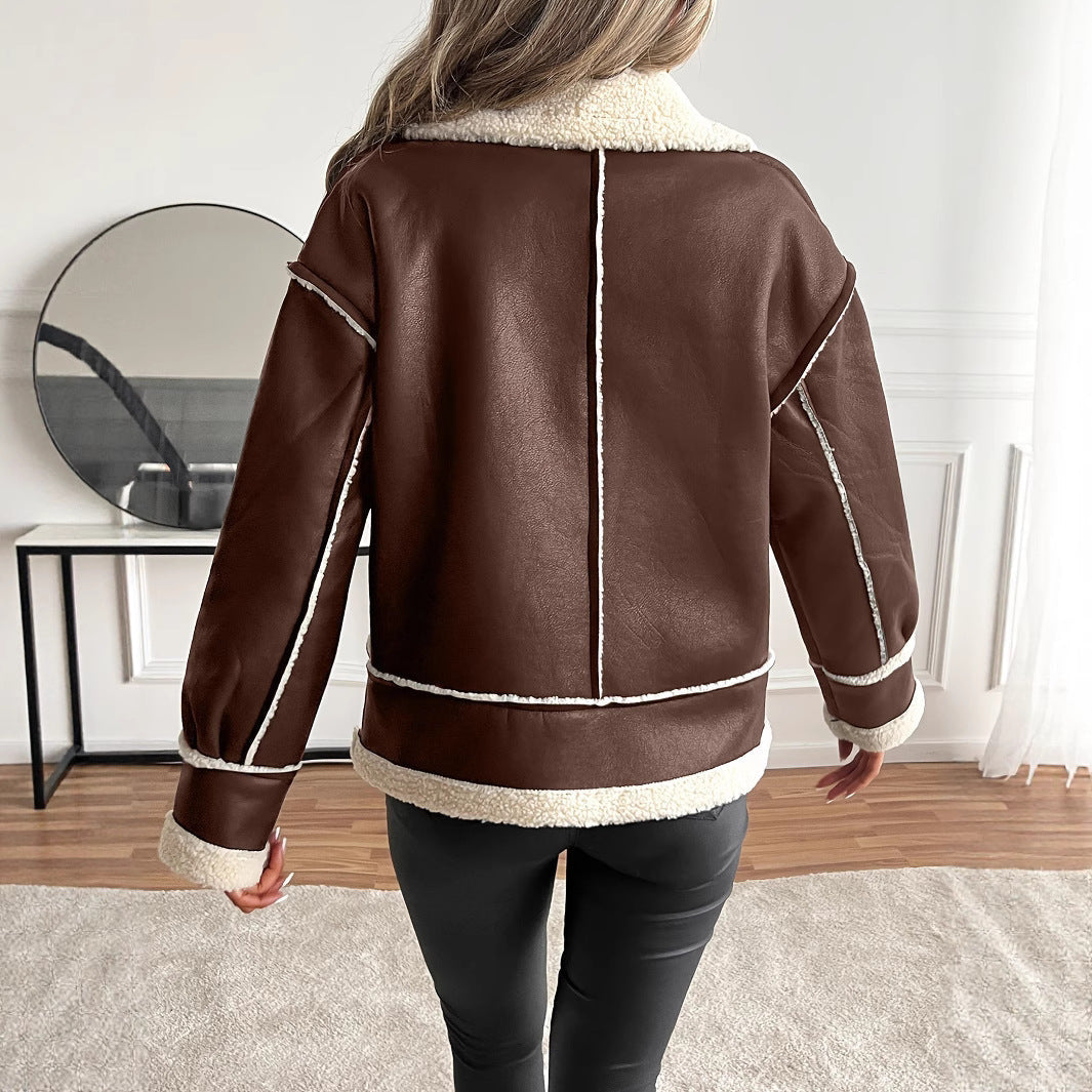 Lederjacke aus Kunstleder mit Teddyfutter und Stehkragen für Damen