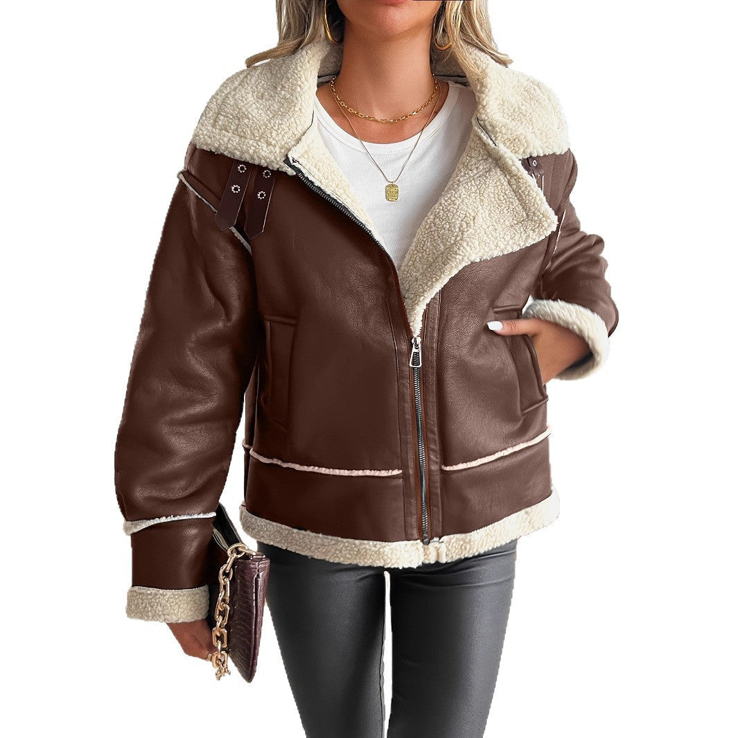 Lederjacke aus Kunstleder mit Teddyfutter und Stehkragen für Damen