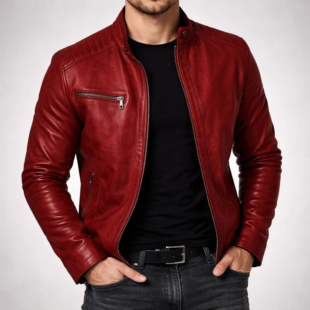 Lederjacke mit schmalem Schnitt und Brusttasche für Herren - Rot