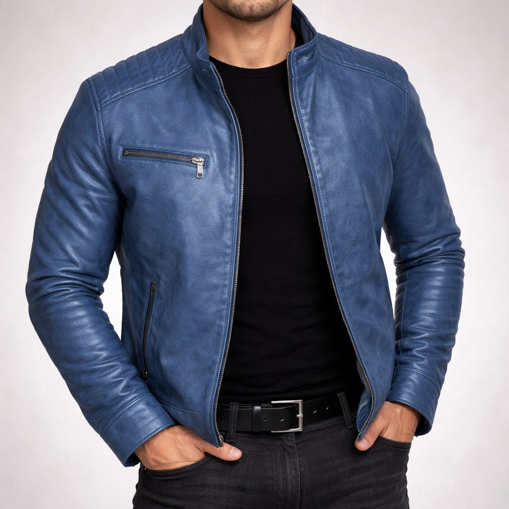 Lederjacke mit schmalem Schnitt und Brusttasche für Herren - Blau