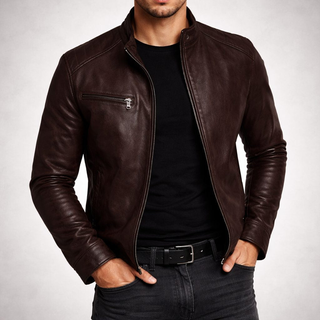 Lederjacke mit schmalem Schnitt und Brusttasche für Herren - Kaffeebraun