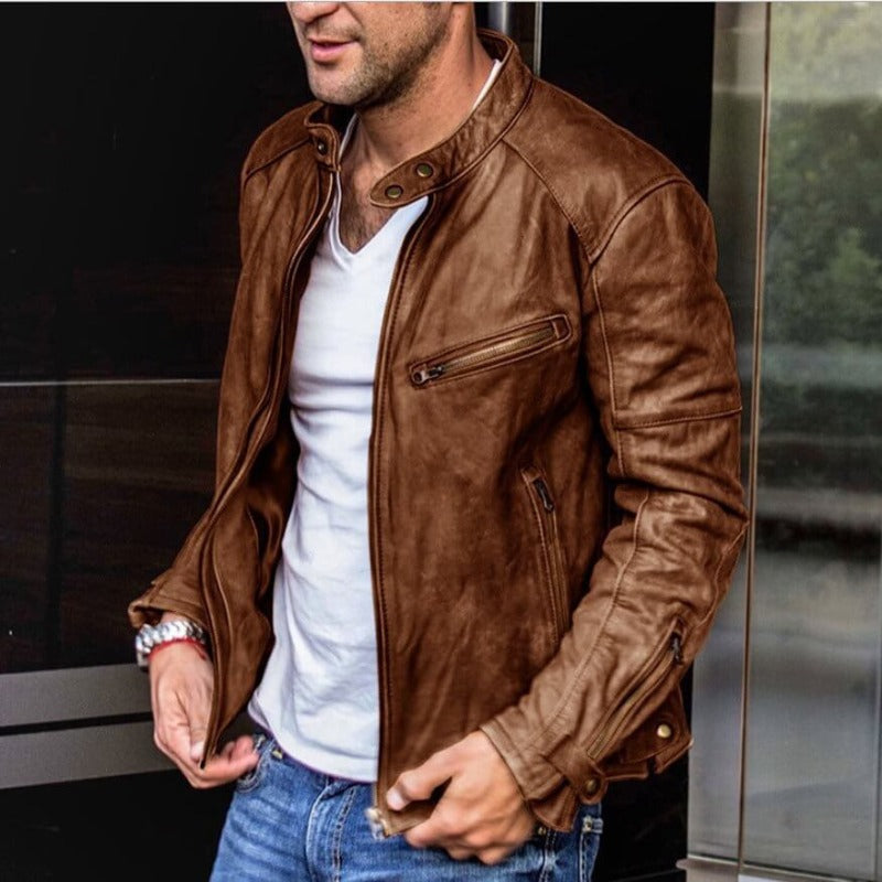 Lederjacke mit Stehkragen und Reißverschluss für Herren - Braun