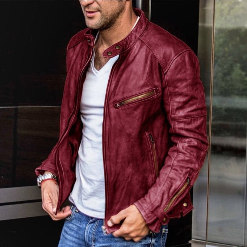 Lederjacke mit Stehkragen und Reißverschluss für Herren - Rot
