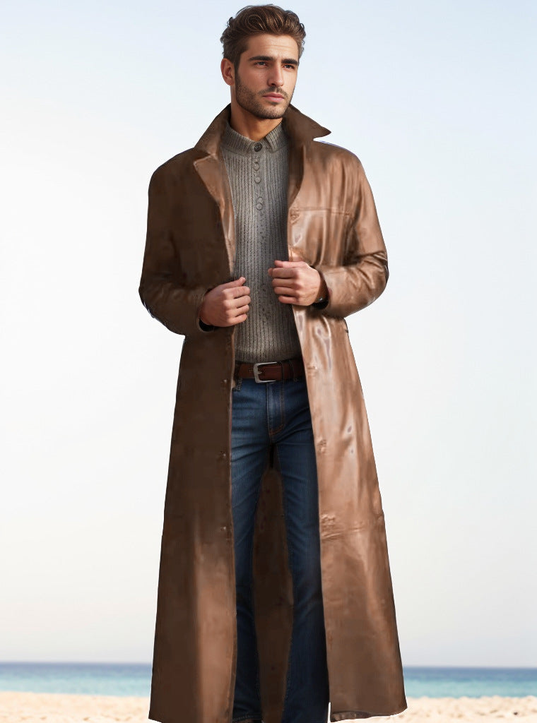 Ledermantel in langer Form im Trench-Stil für Herren - Braun