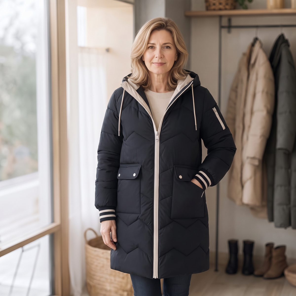 Steppmantel mit Kapuze und Reißverschluss für Damen