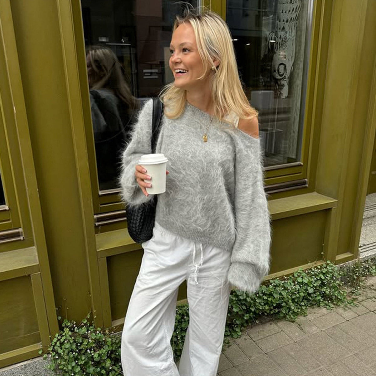 Mohair Pullover schulterfrei mit Ballonärmeln für Damen