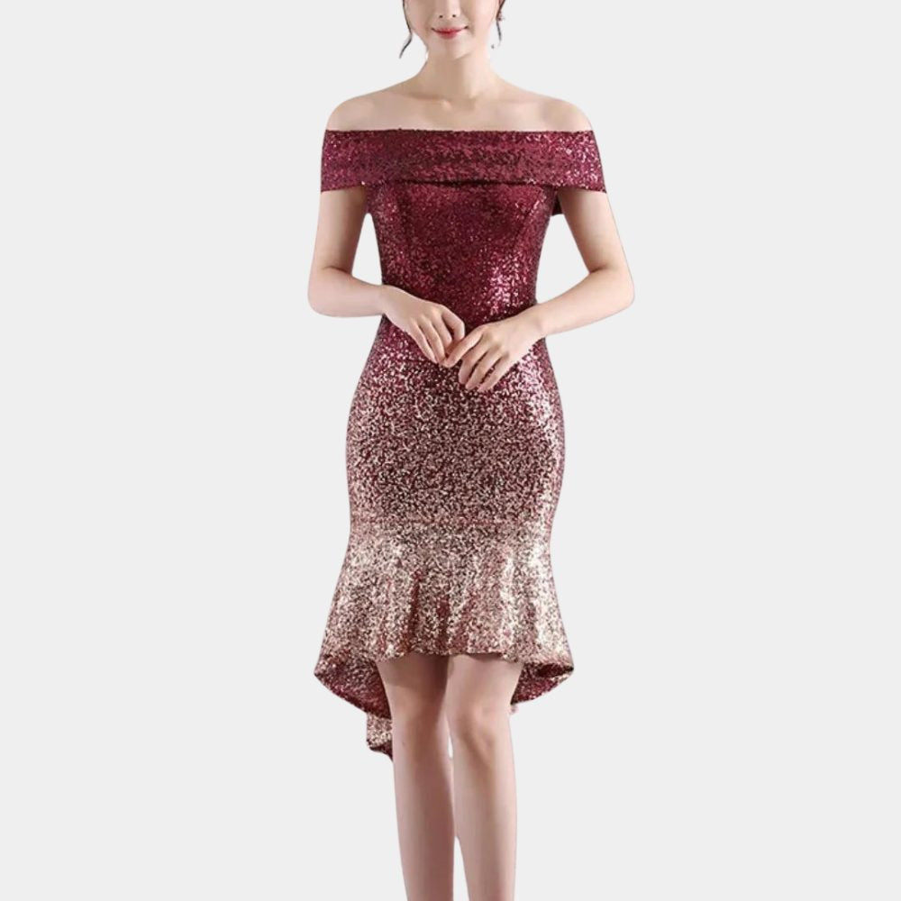Pailletten Kleid schulterfrei mit Vokuhila-Saum für Damen
