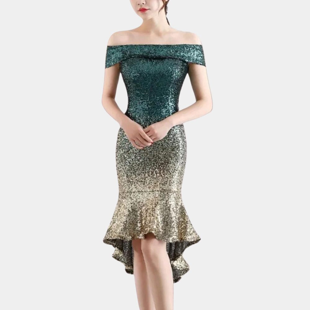 Pailletten Kleid schulterfrei mit Vokuhila-Saum für Damen
