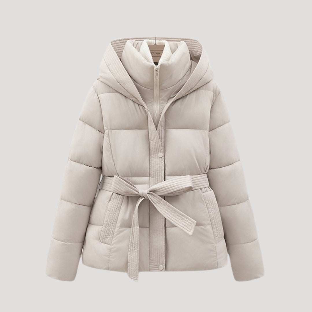 Pufferjacke mit Kapuze und Taillengürtel für Damen - Creme