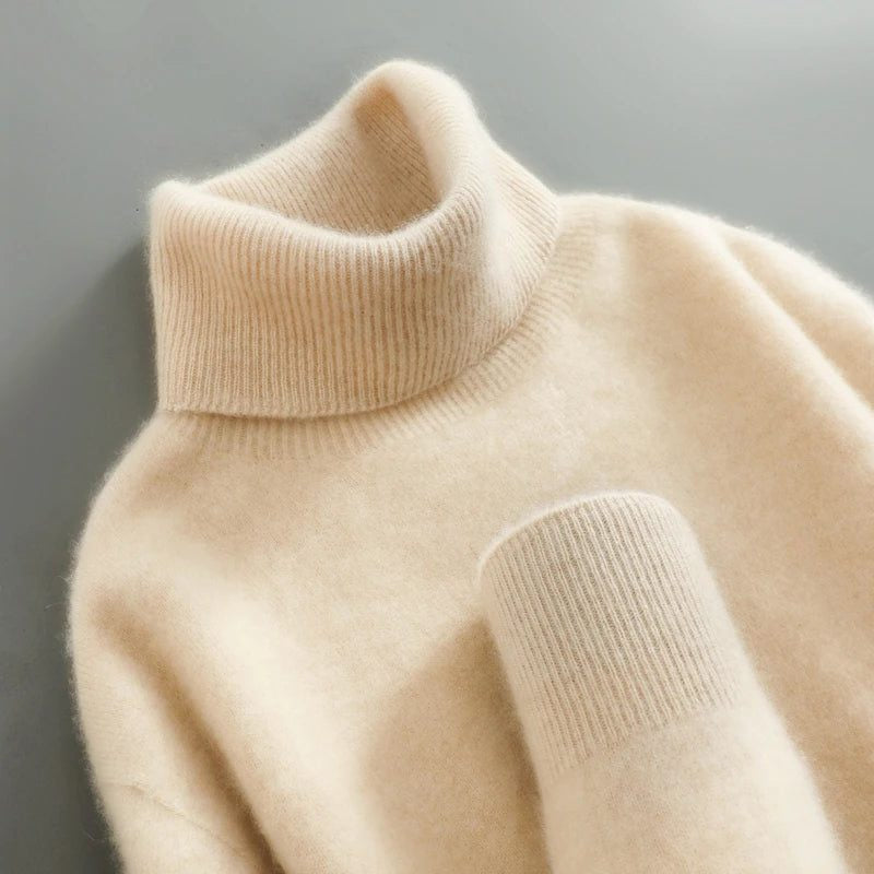 Wollpullover mit Rollkragen und lockerem Schnitt für Damen - Beige
