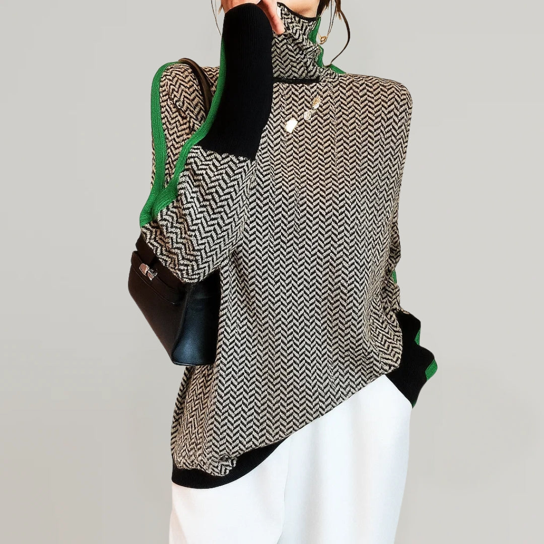 Pullover mit Stehkragen und Kontraststreifen für Damen - Grün