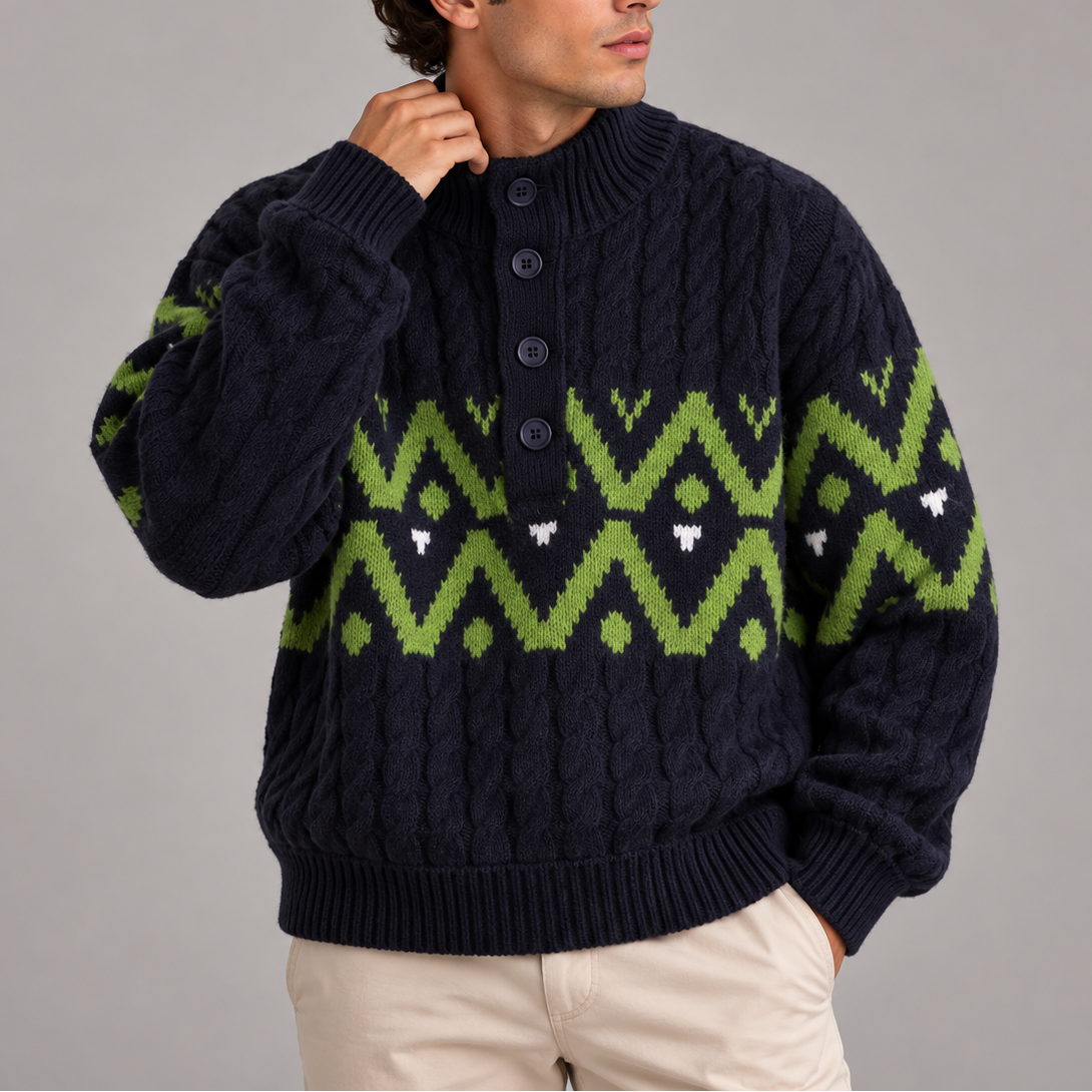 Norweger Pullover mit Zopfmuster und Knopfleiste für Herren - Marineblau