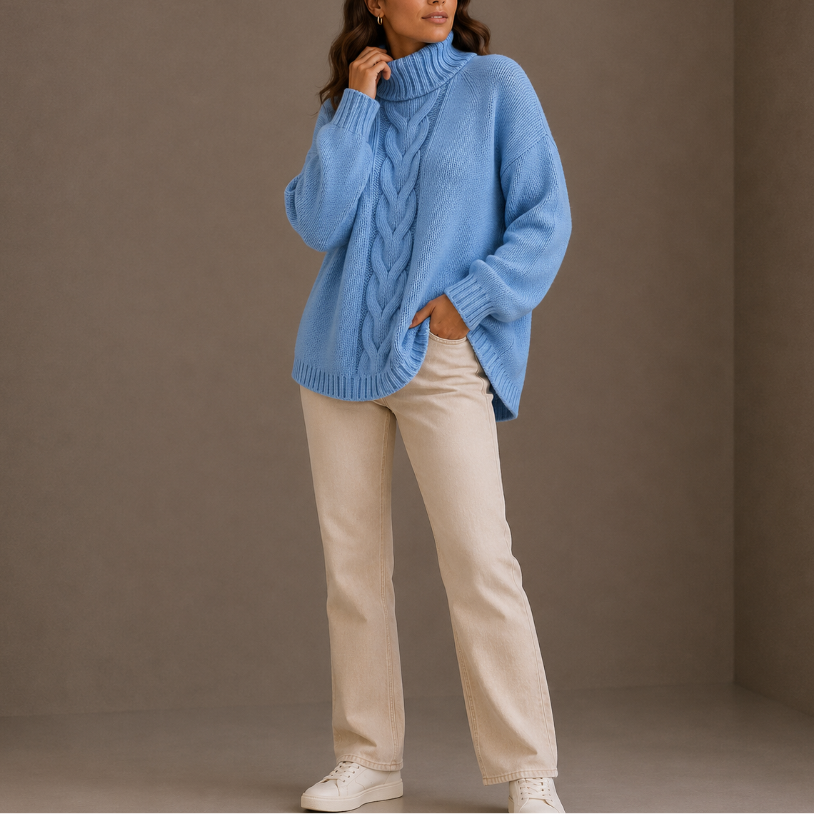 Rollkragenpullover mit Zopfmuster und weitem Schnitt für Damen - Blau