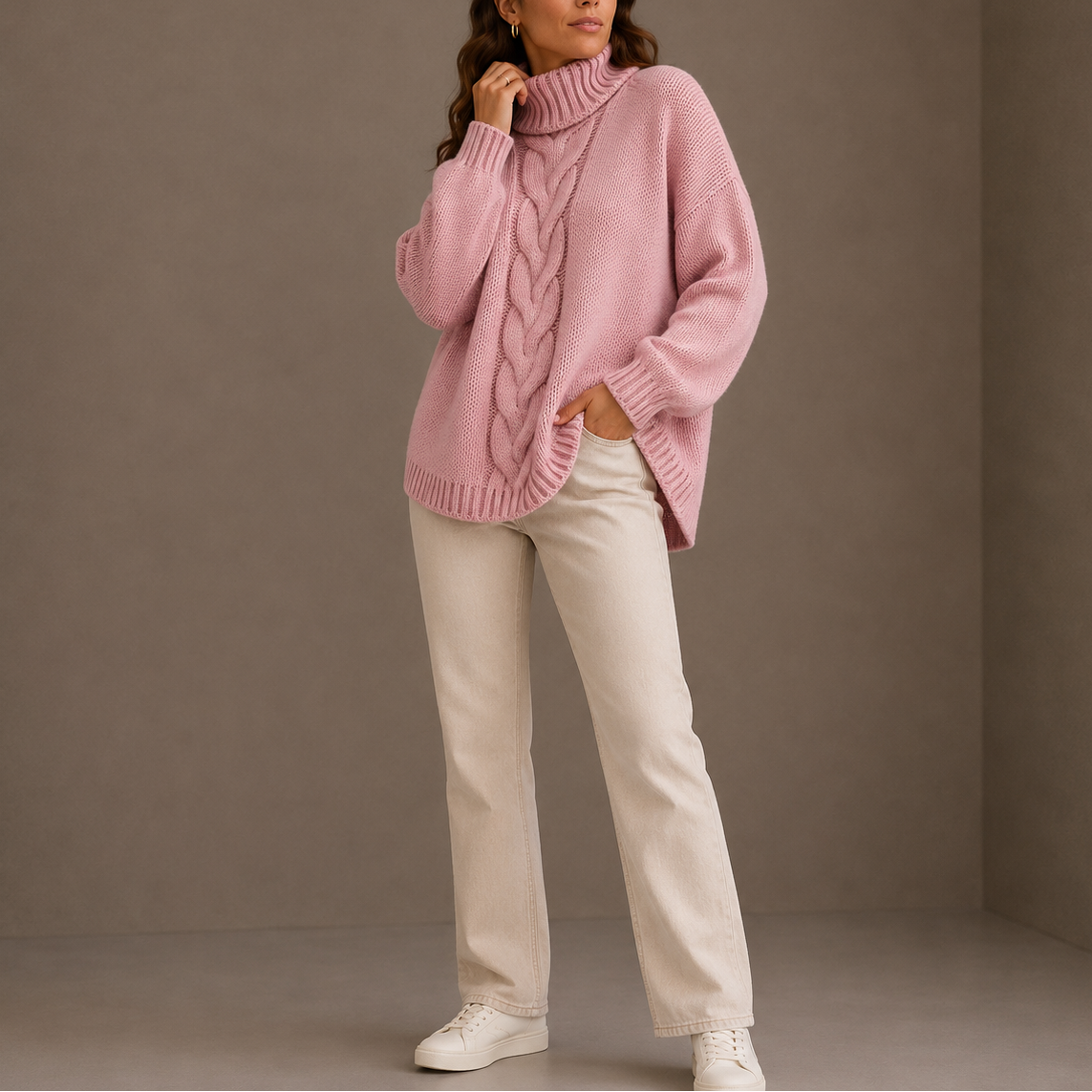 Rollkragenpullover Damen Oversize mit Zopfmuster für den Winter - Rosa