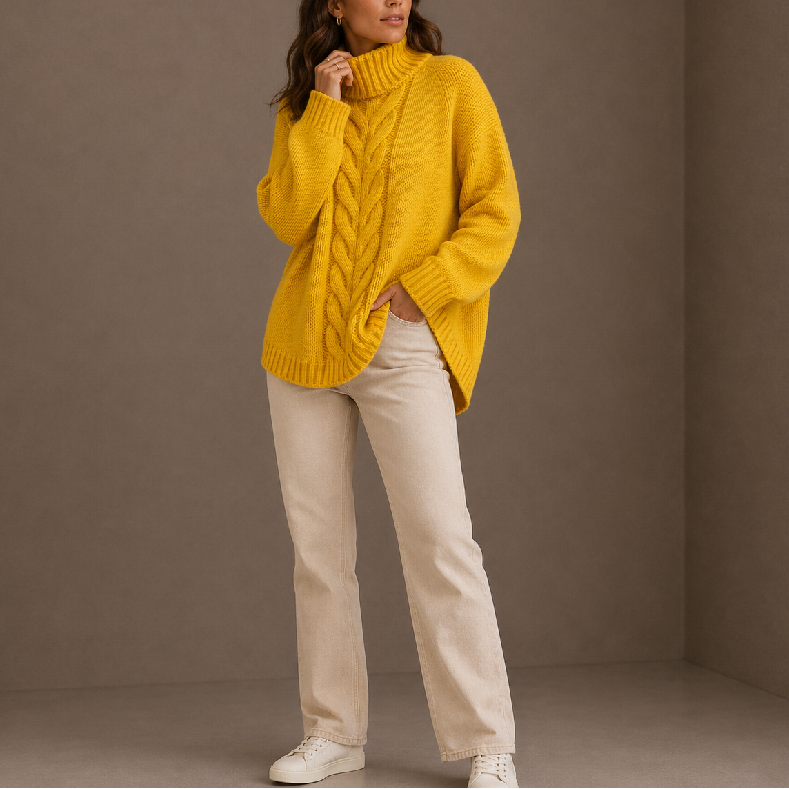 Rollkragenpullover Damen Oversize mit Zopfmuster für den Winter - Gelb