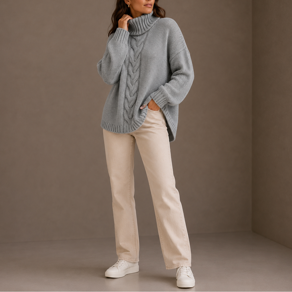 Rollkragenpullover Damen Oversize mit Zopfmuster für den Winter - Grau