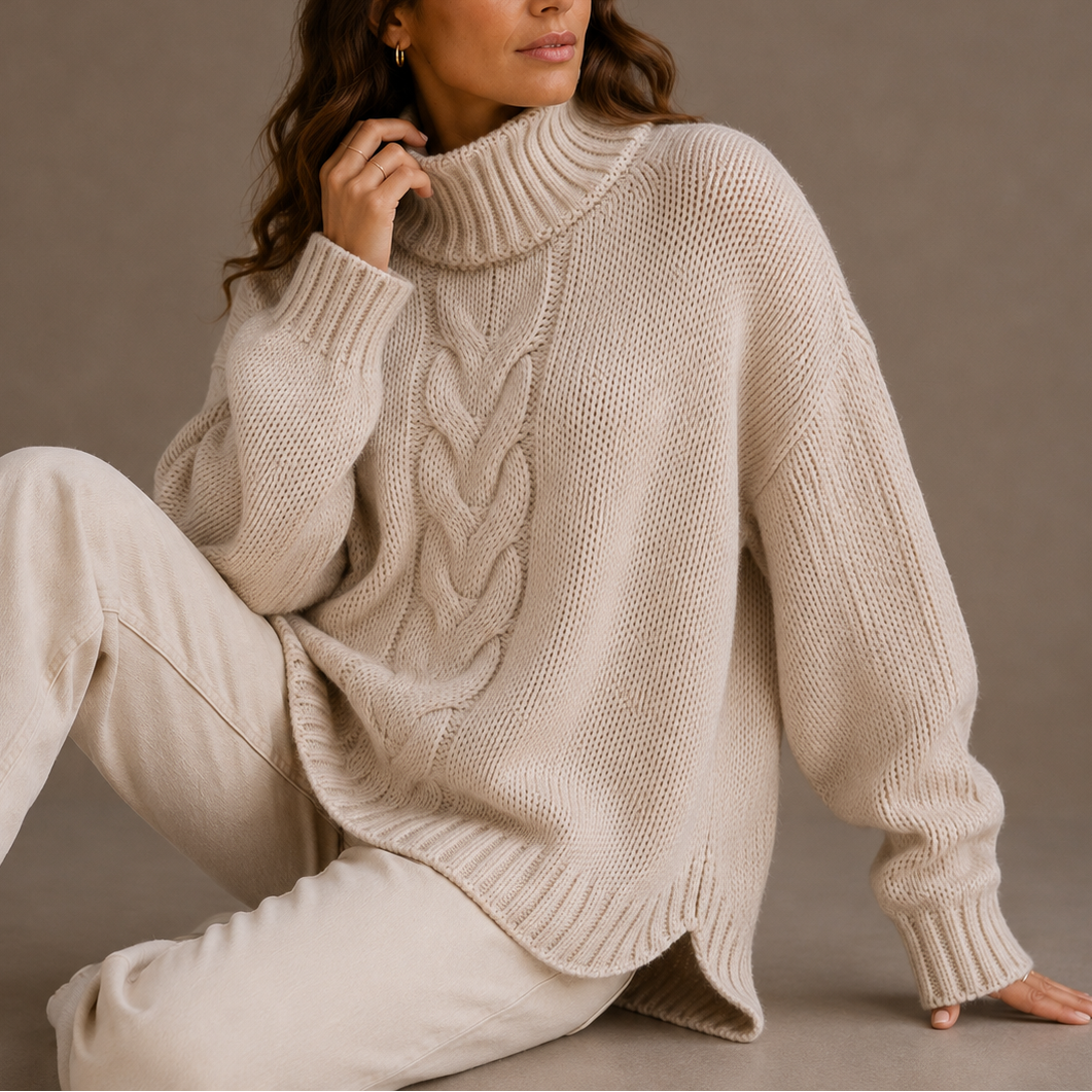 Rollkragenpullover Damen Oversize mit Zopfmuster für den Winter - Beige