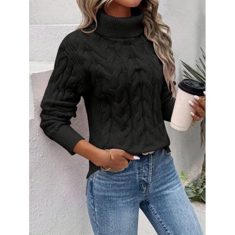 Rollkragenpullover mit Zopfmuster und Langarm für Damen