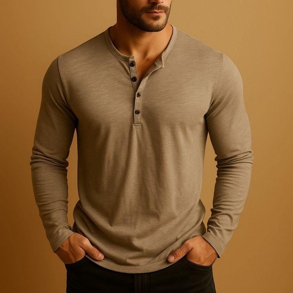 Long-Sleeve Henley Shirt with Open Placket - Khaki