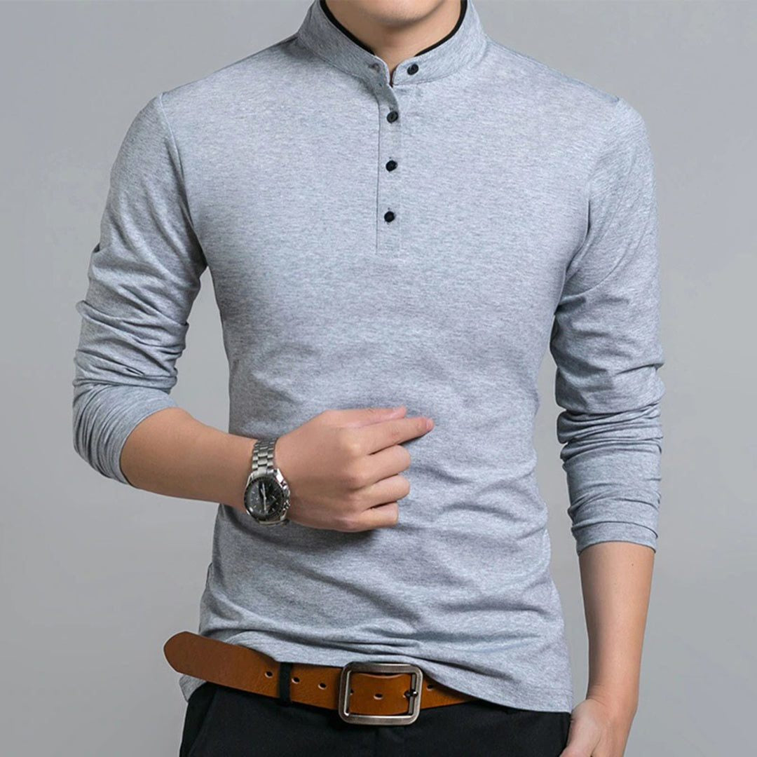 Long-Sleeve Polo Shirt with Button Placket - Grey