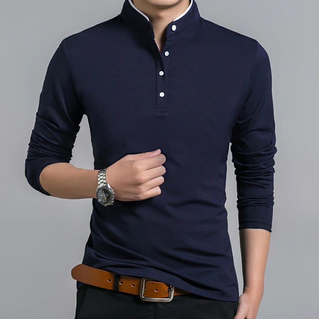 Long-Sleeve Polo Shirt with Button Placket - Navy Blue