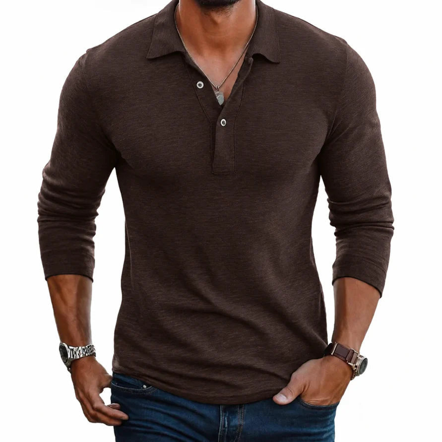 Long-Sleeve Knit Polo Shirt with Ribbed Cuffs - Dark Brown