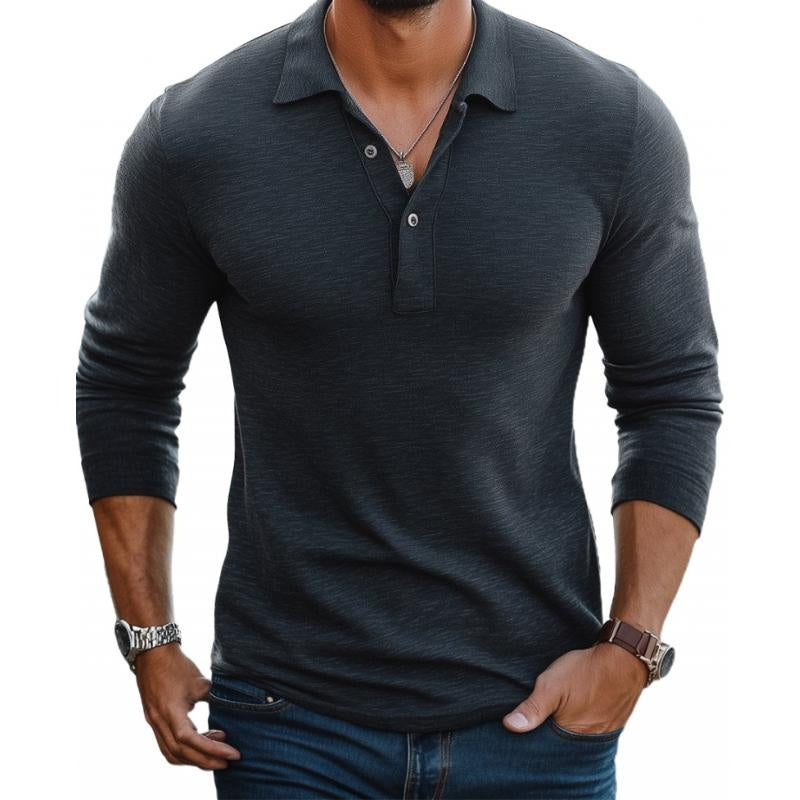 Long-Sleeve Knit Polo Shirt with Ribbed Cuffs - Dark Grey