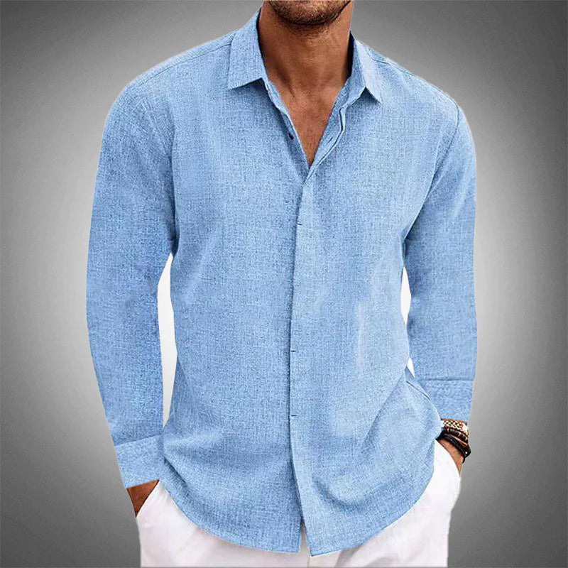 Textured Long-Sleeve Shirt with Curved Hem - Blue