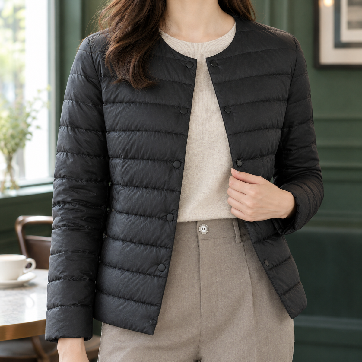 Steppjacke mit Rundhals und Druckknöpfen für Damen