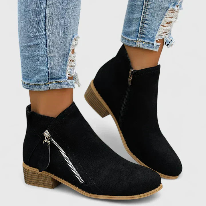 Stiefeletten Damen mit Blockabsatz, seitlichem Reißverschluss und Veloursleder-Optik