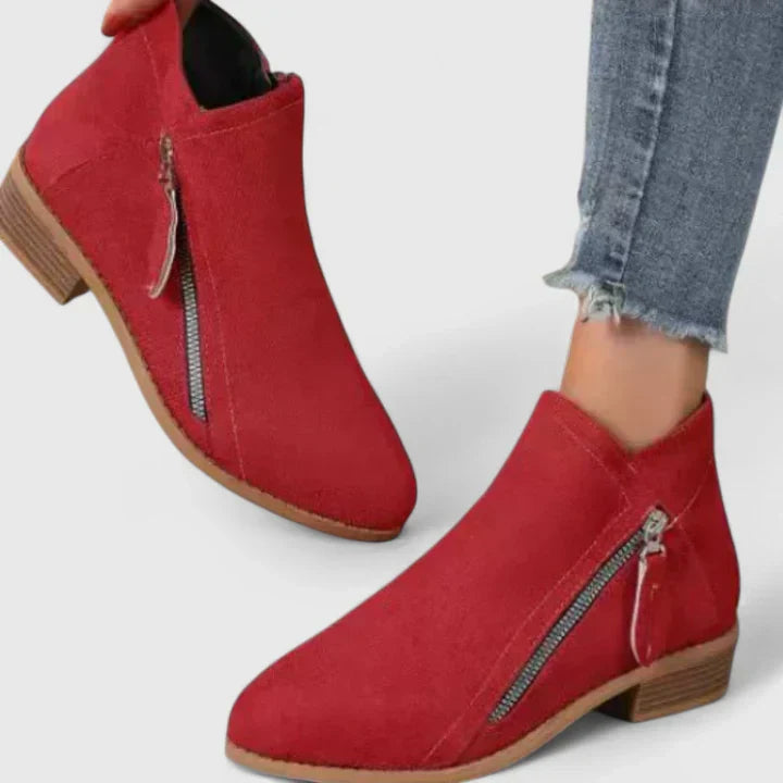 Stiefeletten Damen mit Blockabsatz, seitlichem Reißverschluss und Veloursleder-Optik - Rot