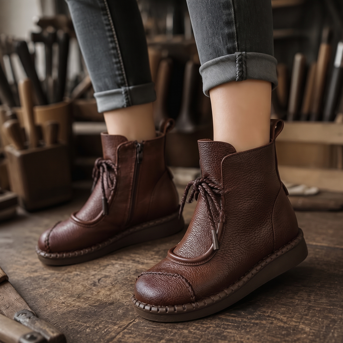 Schnürboots im Retro-Stil mit Gummisohle für Damen - Braun